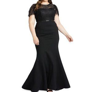 MAC DUGGAL BEADED LACE BODICE TRUMPET BLACK  A-LINE GOWN sz 14W